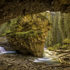 Johnston Canyon, cave, viewes, Rocks, trees, Banff National Park, Canada, waterfall