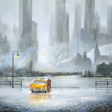 Town, painting, Cab, lovers, Rain, picture