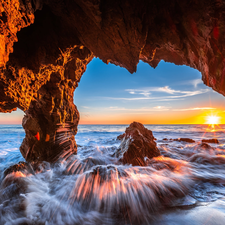Malibu, sea, Great Sunsets, Waves, cave, California, The United States, rocks