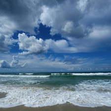 clouds, sea, Waves