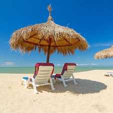 deck chair, holiday, Beaches, Sunshade, Ocean