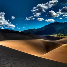 clouds, Sand, desert, Mountains