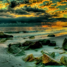 sea, clouds, Great Sunsets, Stones
