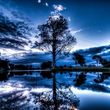 clouds, viewes, lake, trees