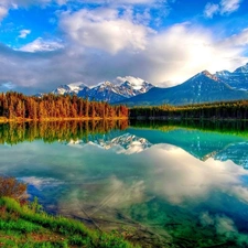Mountains, woods, lake, clouds