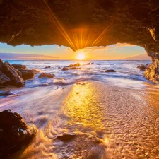 Pacific Ocean, Aloha State Hawaje, cave, Great Sunsets, rocks, Maui