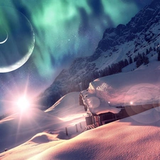 dawn, winter, Planets, Mountains, fantasy, rays of the Sun, house