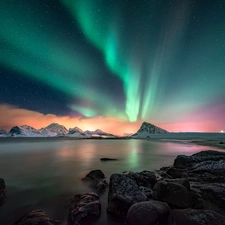 Mountains, aurora polaris, Lofoten, Flakstadøya Island, Norway