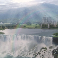 rays of the Sun, Castle, Mountains, rainbows, waterfall