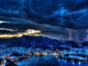town, Mountains, clouds, panorama, River, Rio de Janerio, Night