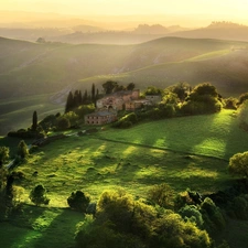 ligh, Fog, morning, Mountains, Tuscany, flash, medows, sun, trees, Farms, Przebijające, luminosity, viewes