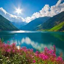 clouds, lake, rays, sun, Flowers, Mountains