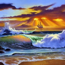 rays, sea, Rocks, graphics, sun, Waves
