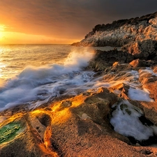 rocks, Waves, sun, sea, west
