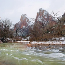 trees, viewes, rocks, River, Snowy