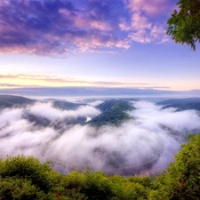 clouds, trees, viewes, Mountains