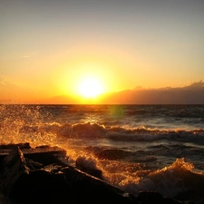 Great Sunsets, lake, Waves