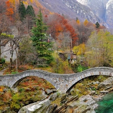 woods, autumn, bridge, Mountains, River