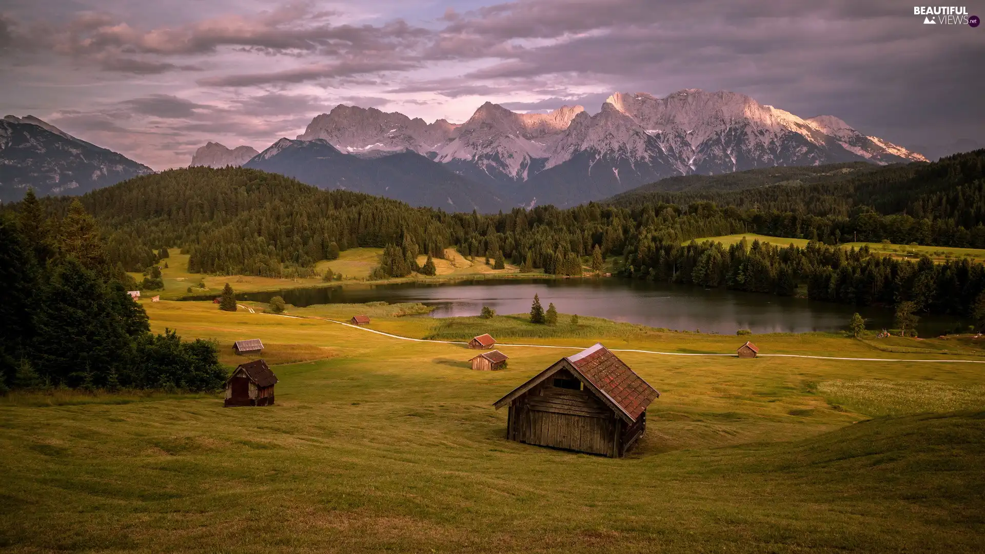 Alps Mountains, Germany, woods, Houses, Lake Wagenbrüchsee, Bavaria