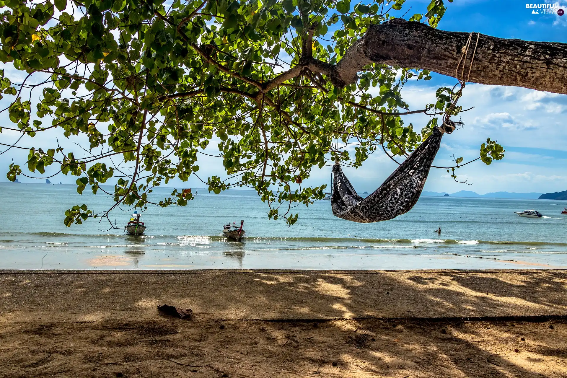 Andaman Sea, trees, Krabi Province, Hammock, Beaches, boats, Thailand