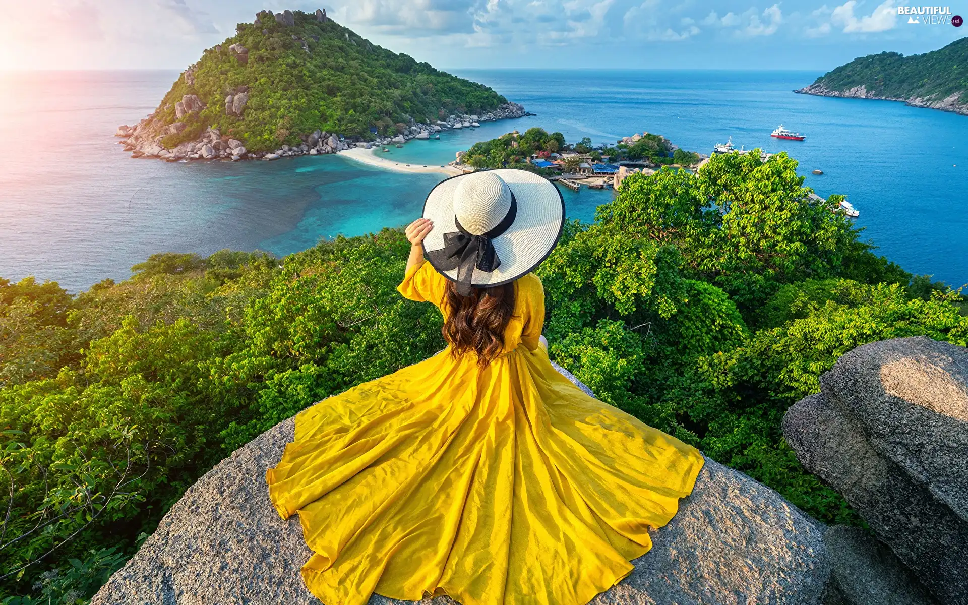 rocks, Hat, dress, Islands, trees, Women, Yellow Honda, Thailand, Andaman Sea, viewes