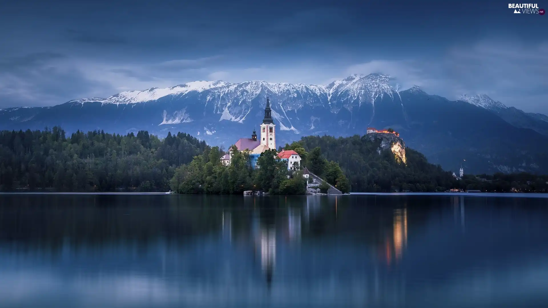 Lake Bled, Church of the Assumption of the Virgin Mary, evening, Mountains, viewes, Blejski Otok Island, Slovenia, trees