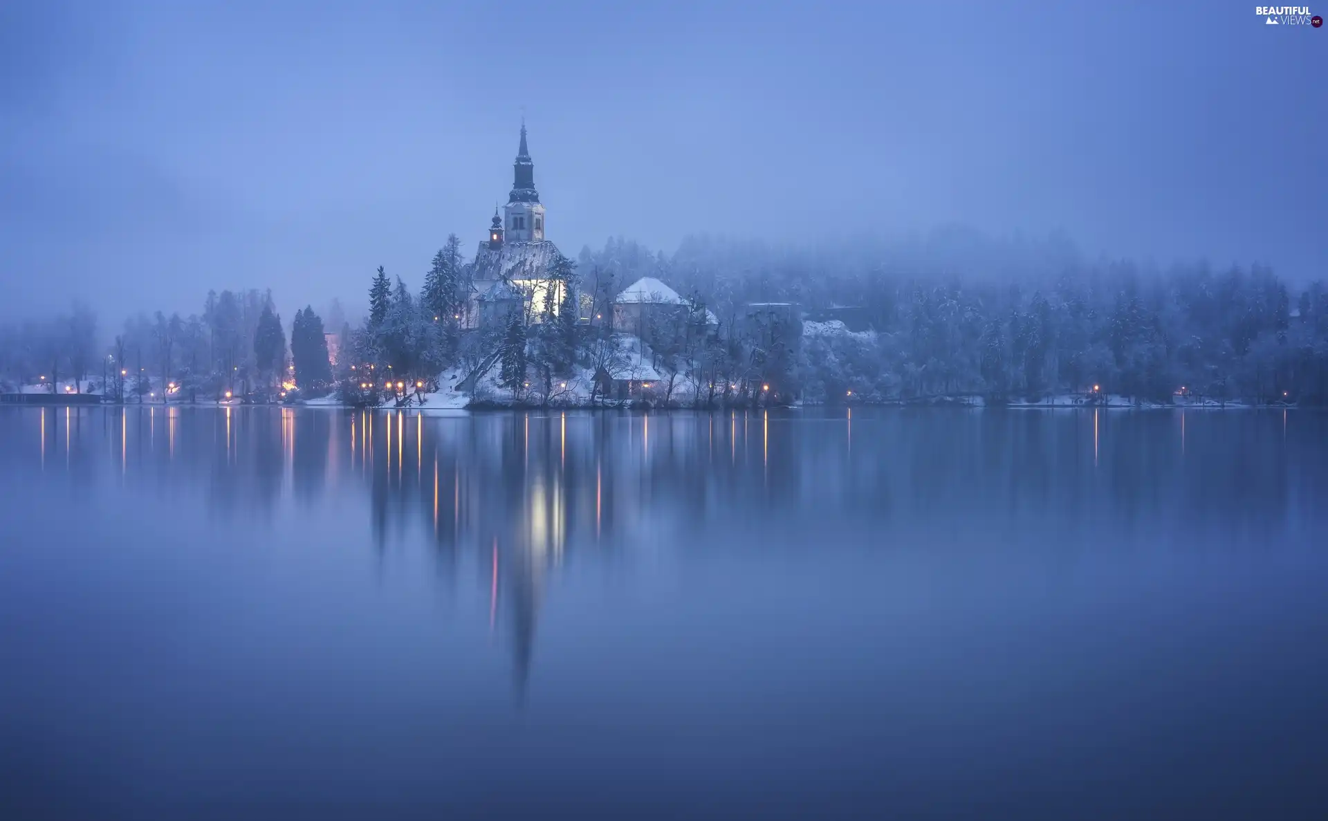 Lake Bled, Church of the Assumption of the Virgin Mary, reflection, winter, light, Blejski Otok Island, Slovenia, Fog