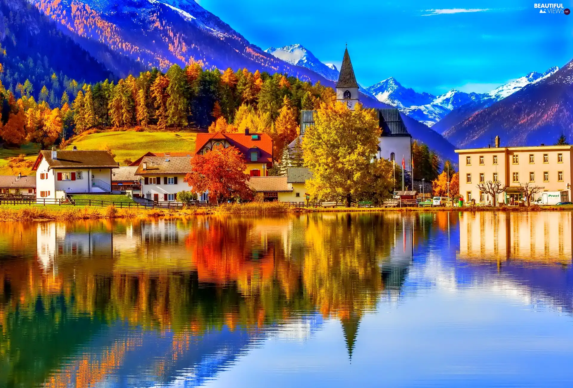 Mountains, Houses, autumn, lake