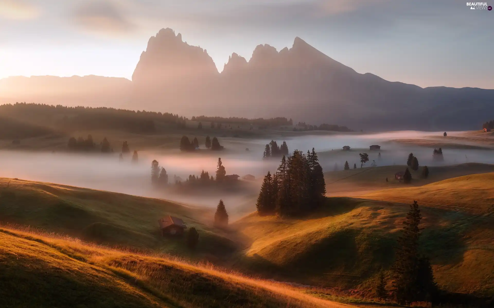 Sassolungo Mountains, Italy, autumn, Dolomites, Houses, Val Gardena Valley, Seiser Alm Meadow, Fog