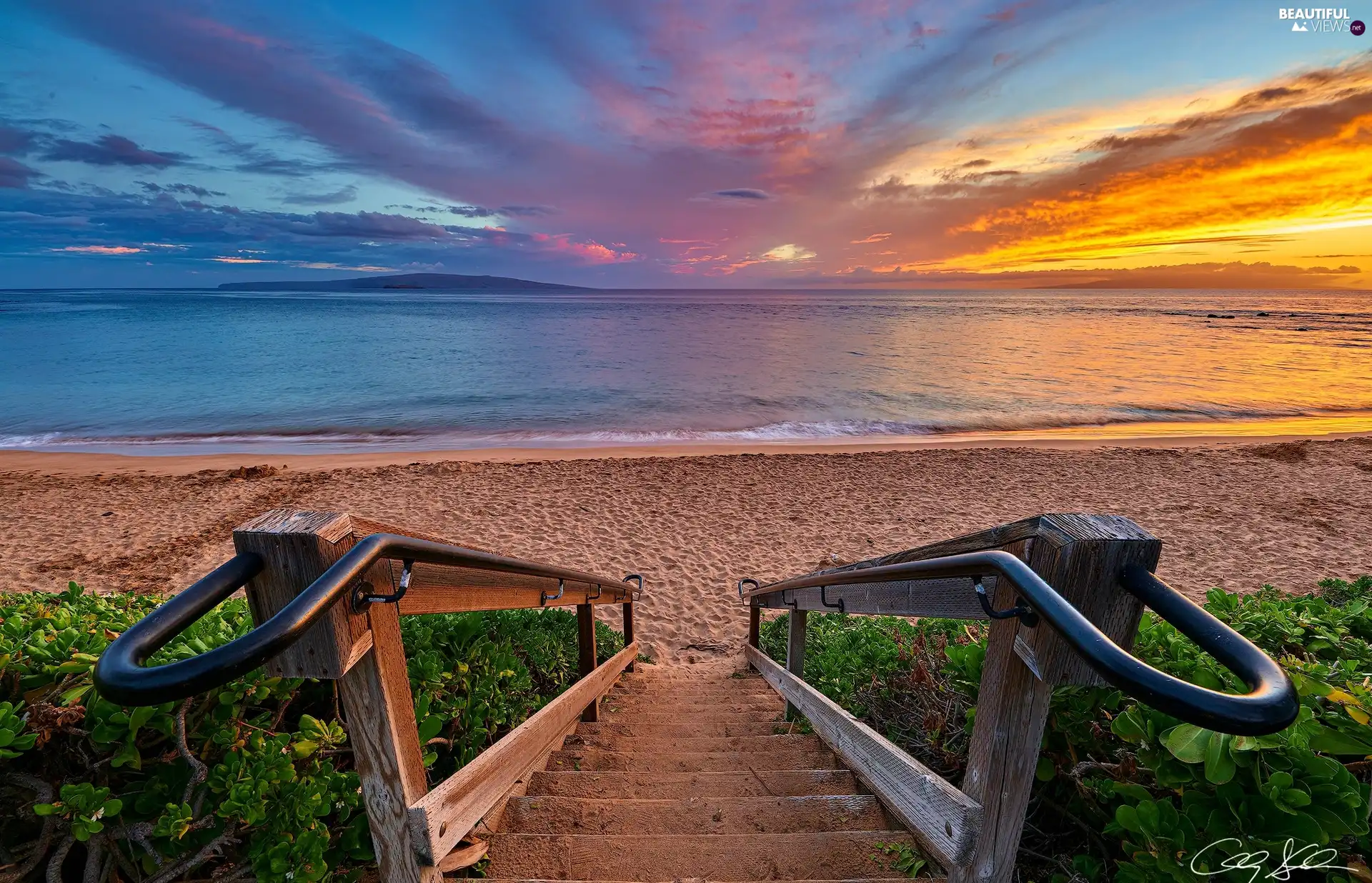 Great Sunsets, clouds, Beaches, sea, Stairs