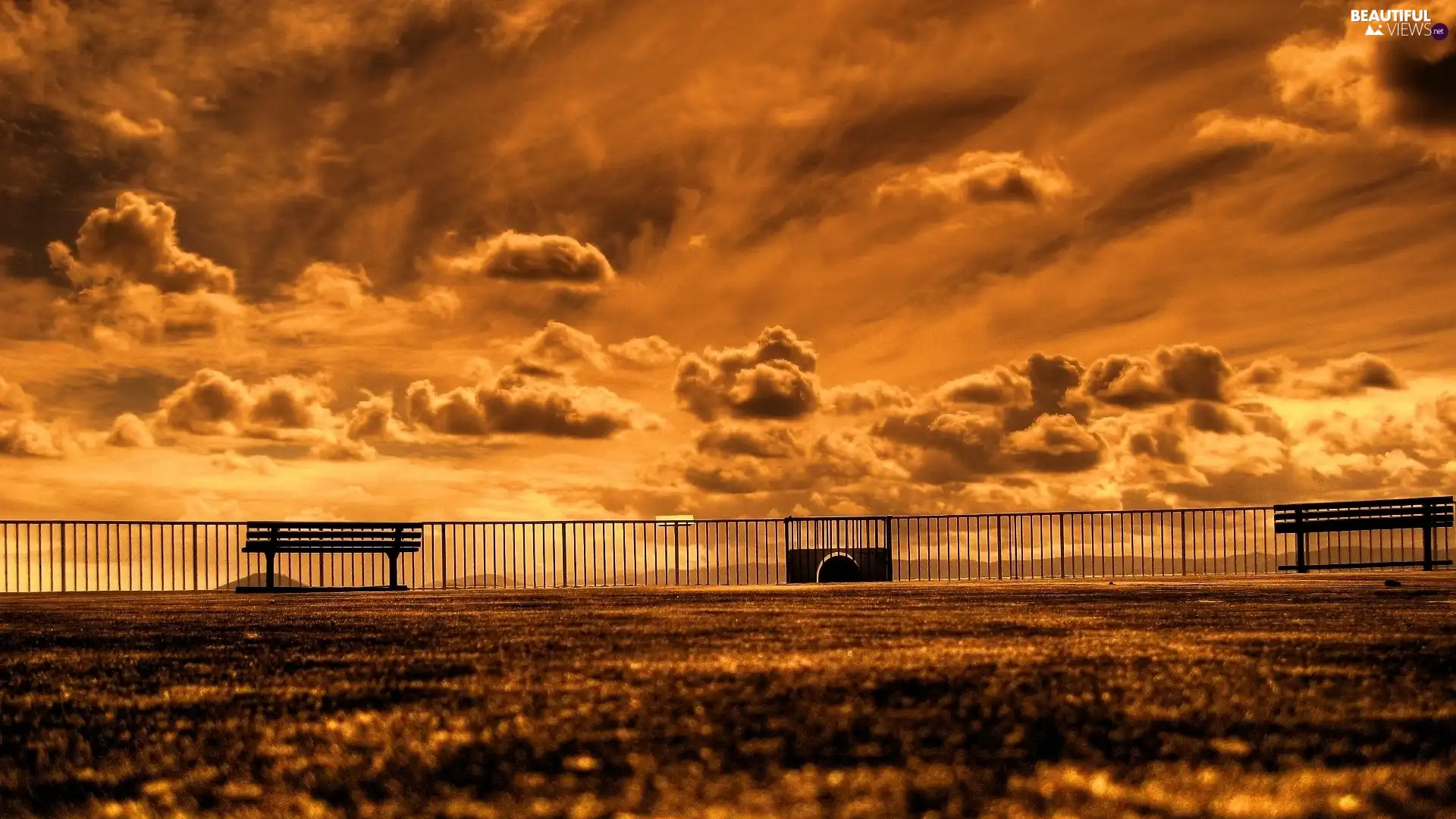 clouds, sun, bench, west