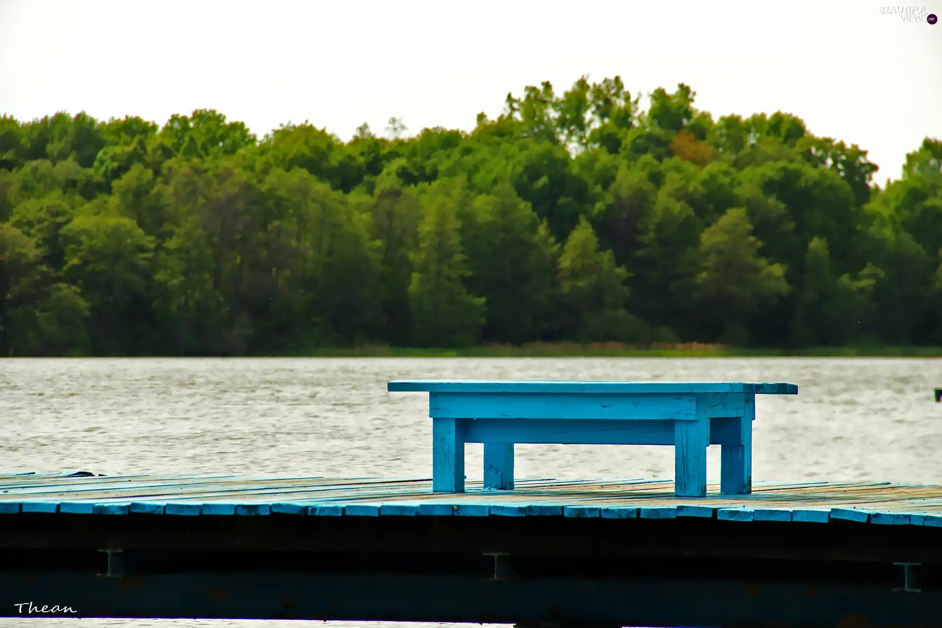 Platform, Blue, Bench, lake