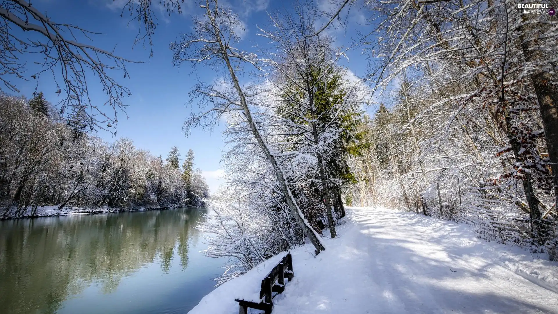 snow, River, viewes, Bench, winter, trees, Way