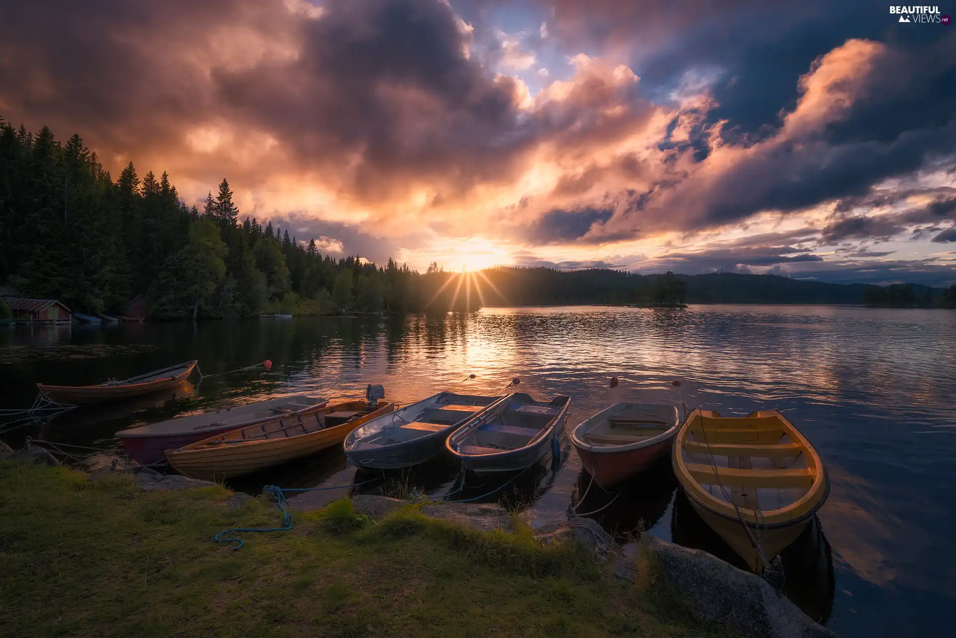 Great Sunsets, Lake Øyangen, viewes, boats, trees, Ringerike, Norway, forest