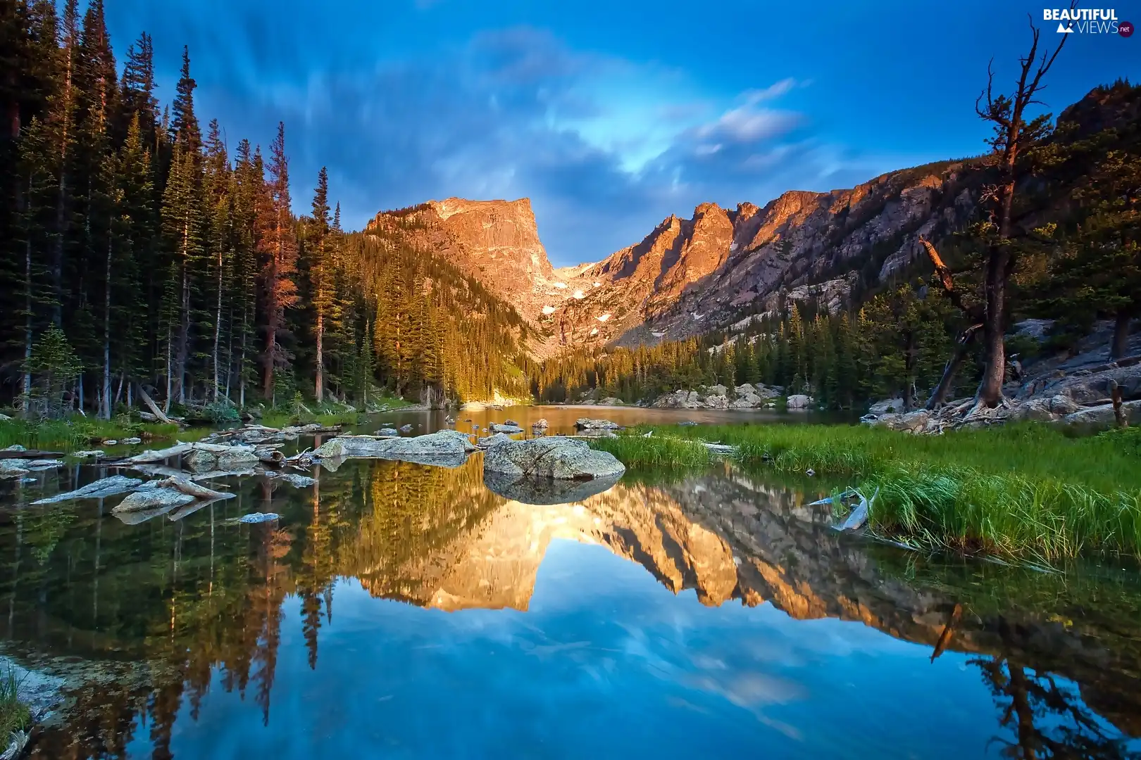 lake, sun, forest, Mountains, west, boulders, reflection