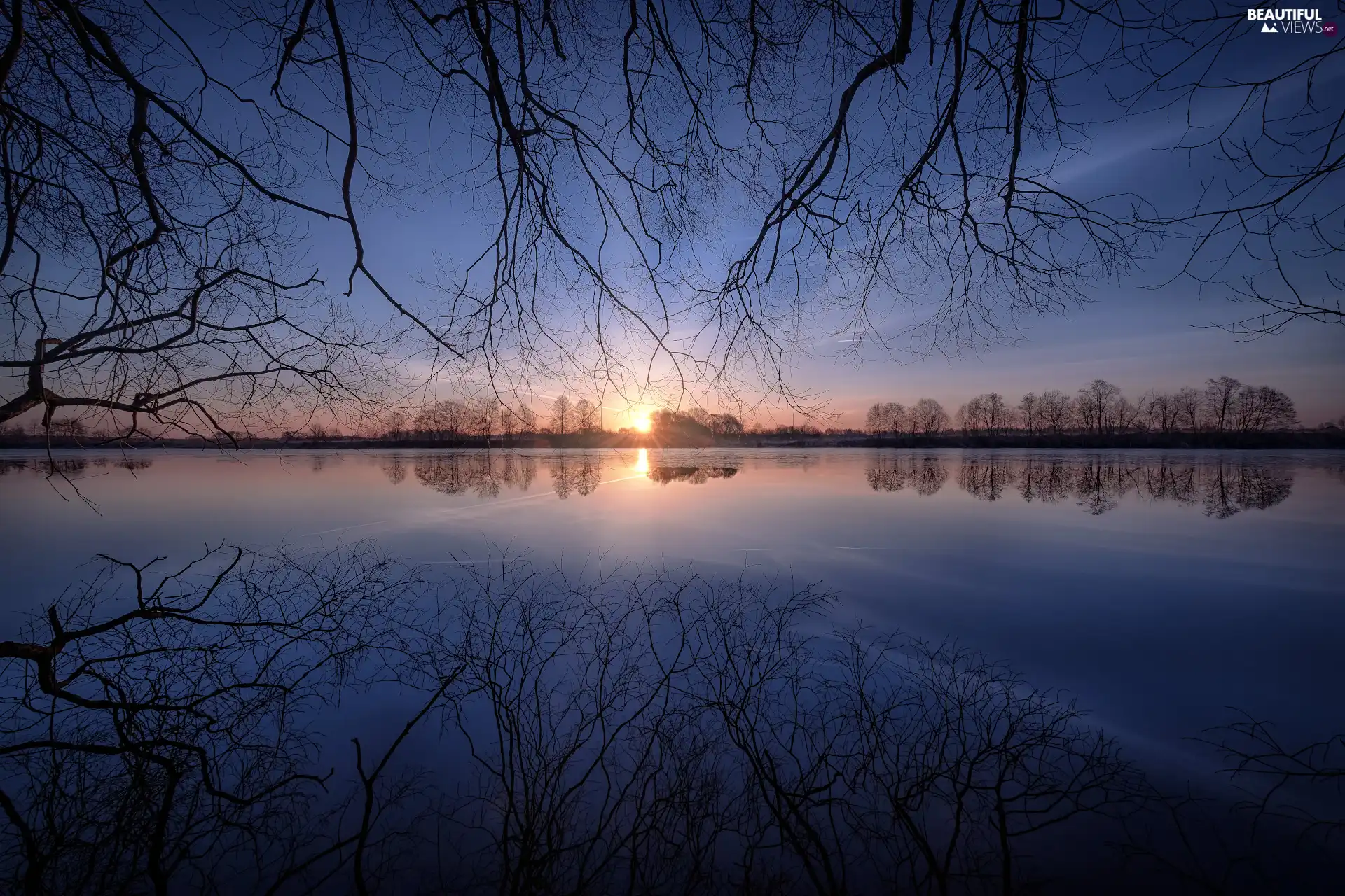 Sunrise, morning, trees, viewes, Latgale, Latvia, branch pics, reflection, Dubna River