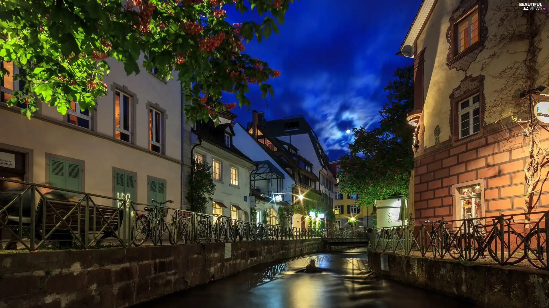 canal, Germany, Houses, Night, River, Freiburg im Breisgau