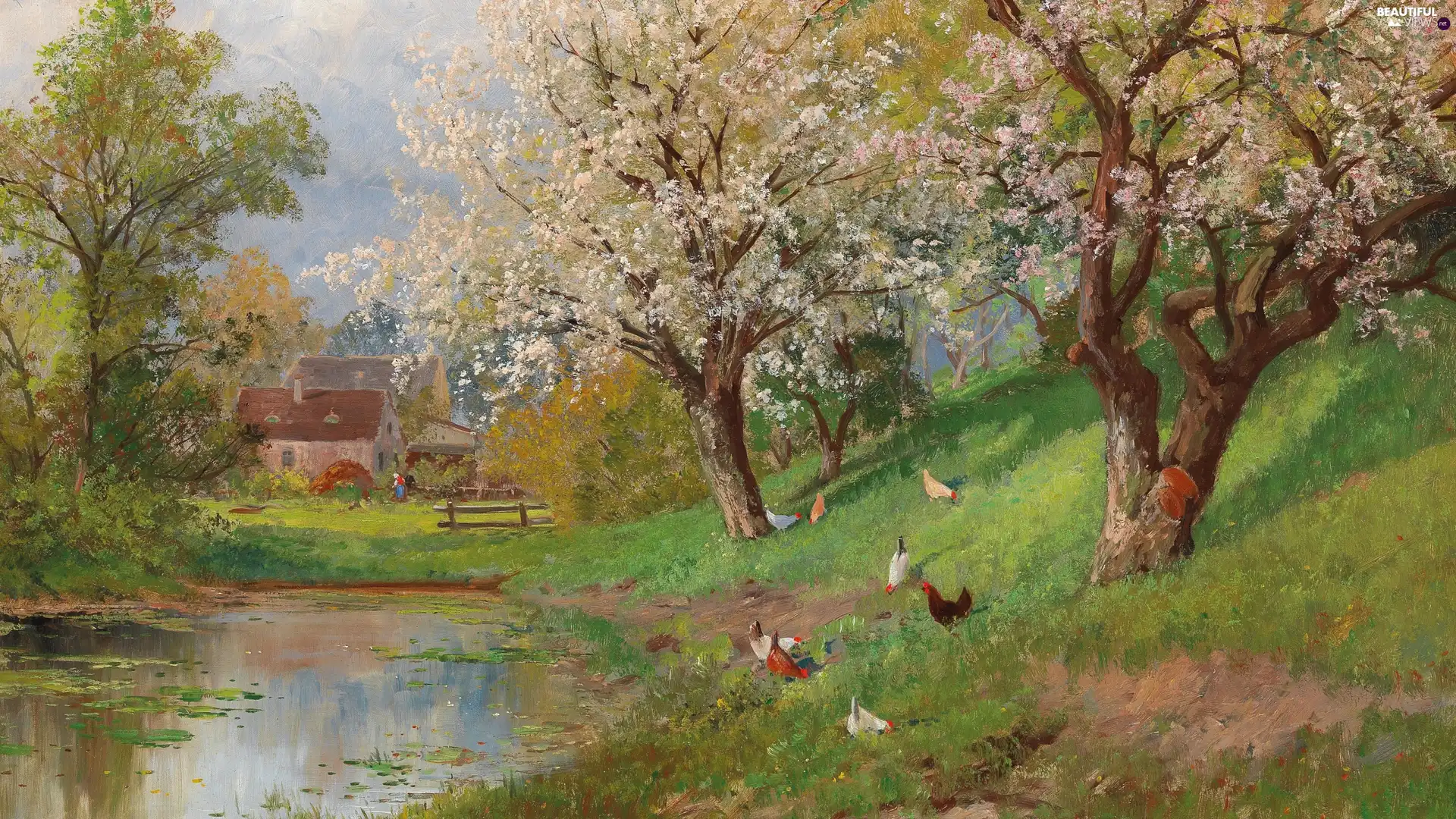 Alois Arnegger, Art Image, country, Spring, viewes, Pond - car, buildings, trees, hens