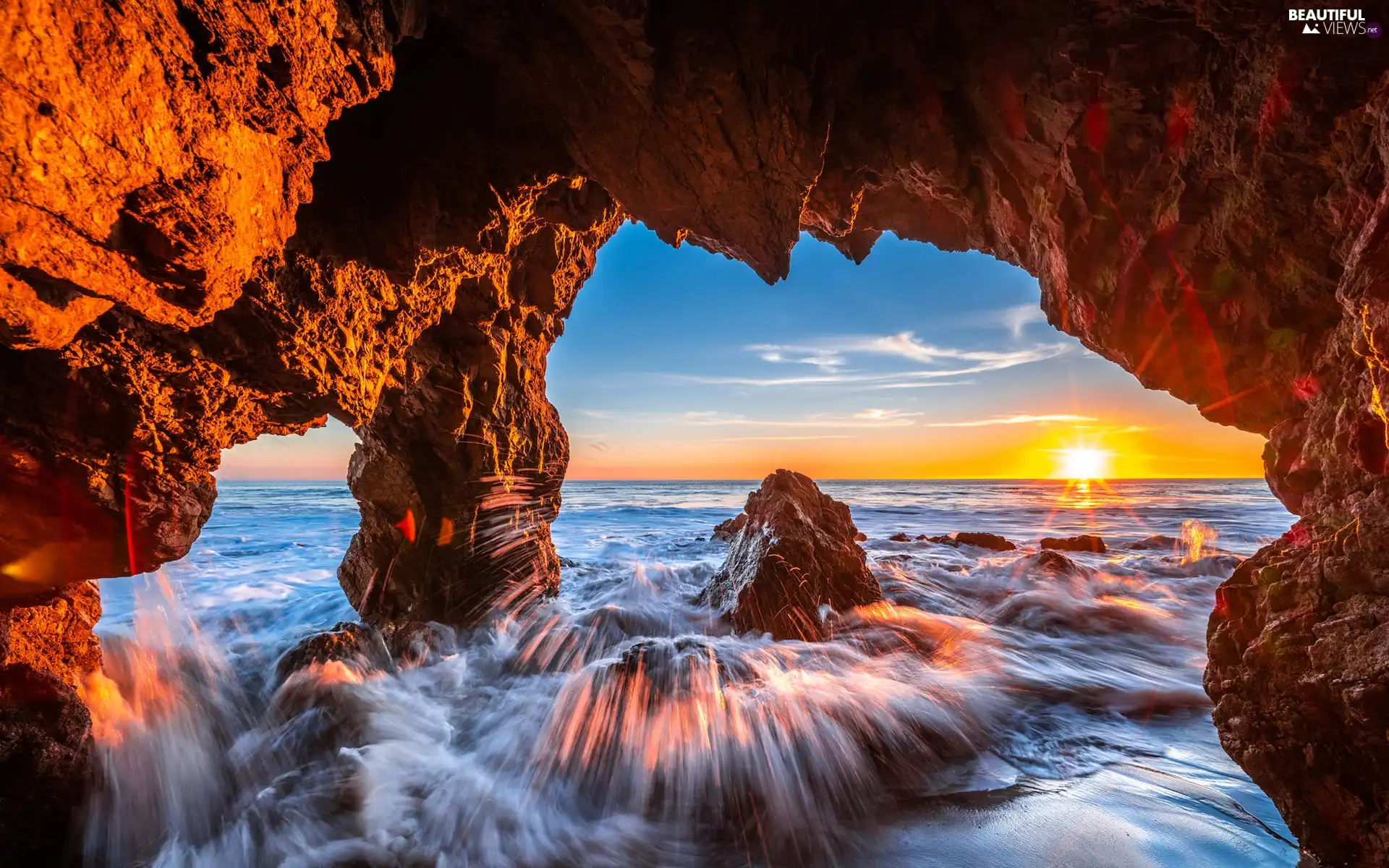 Malibu, sea, Great Sunsets, Waves, cave, California, The United States, rocks