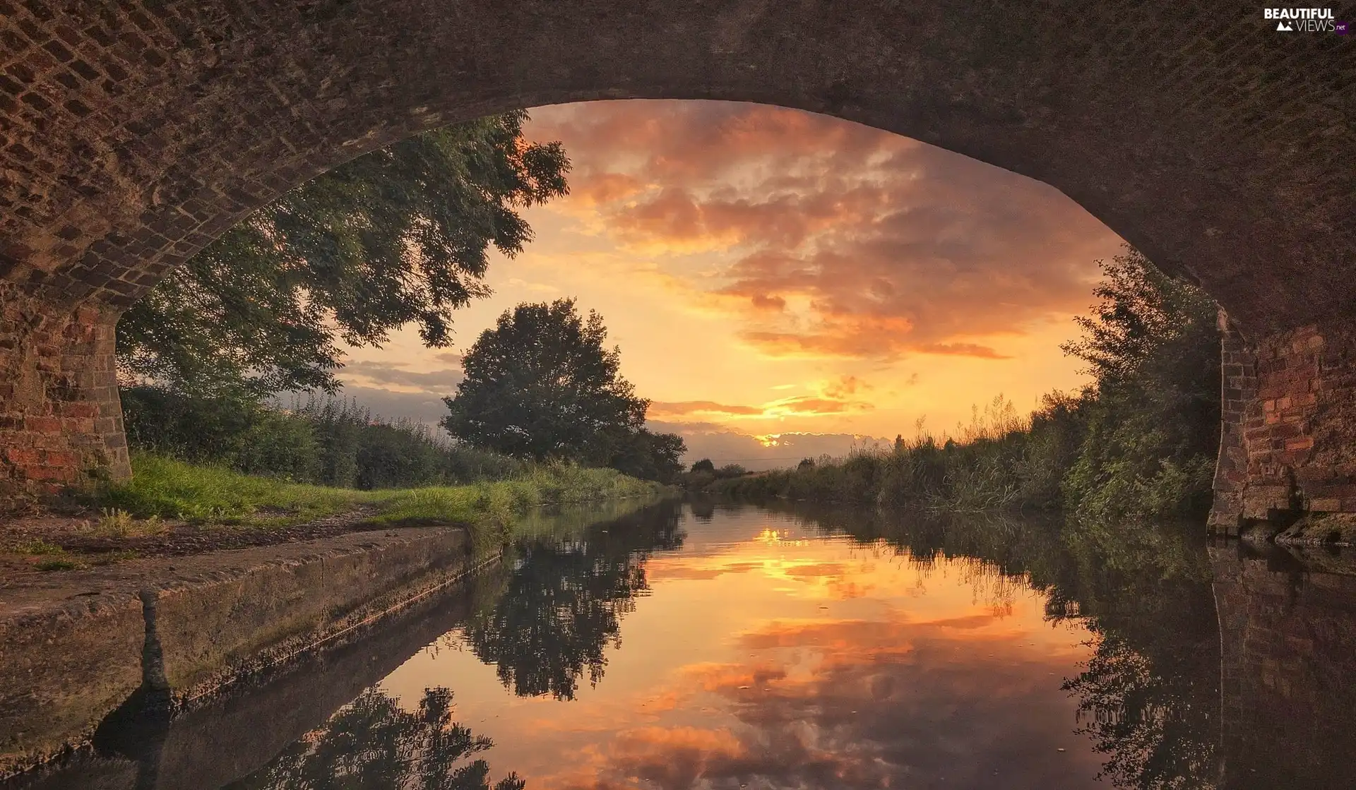 clouds, Derby, River Trent and Mersey Canal, viewes, bridge, England, Sinfin District, reflection, trees, Great Sunsets