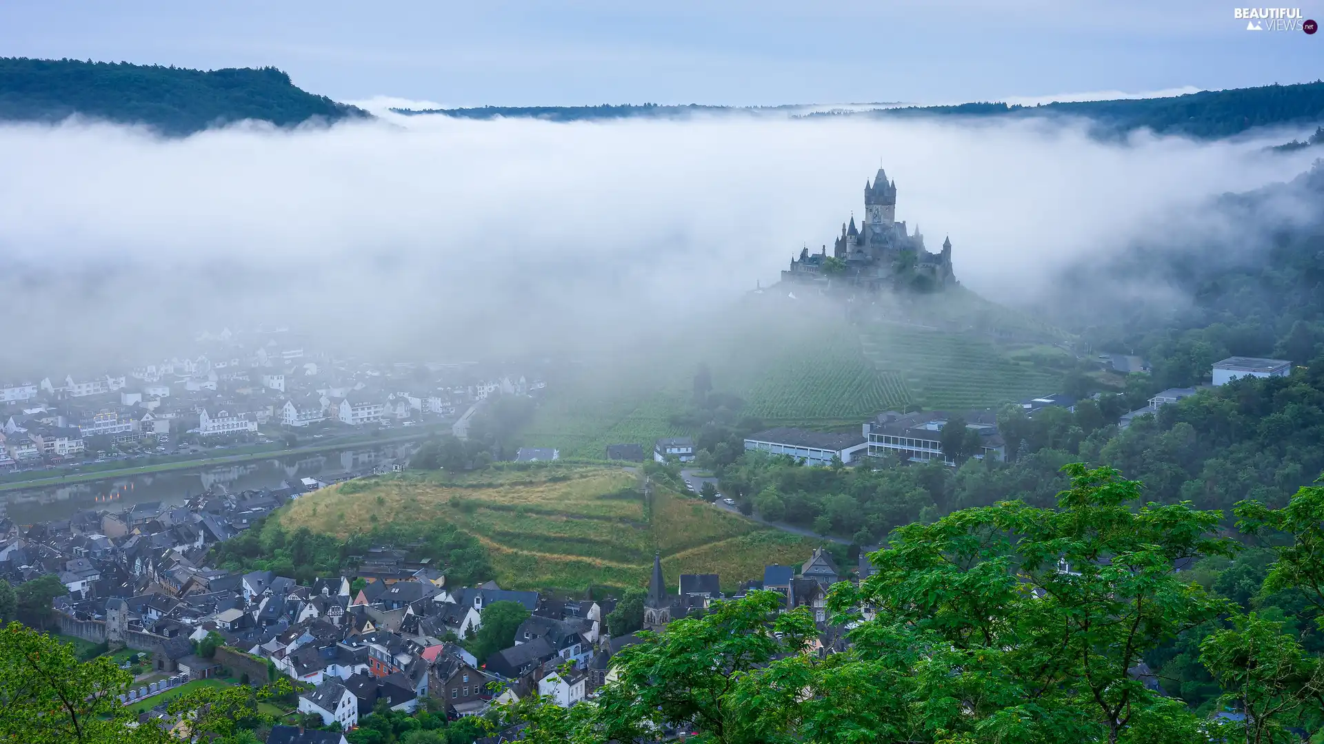 City of Cochem, Germany, Houses, Fog, Reichsburg Castle