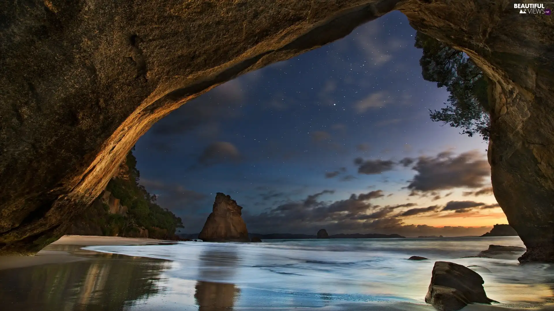 sea, Coromandel Peninsula, Cathedral Cove, Night, reservation, New Zeland, Waikato, star, rocks, cave