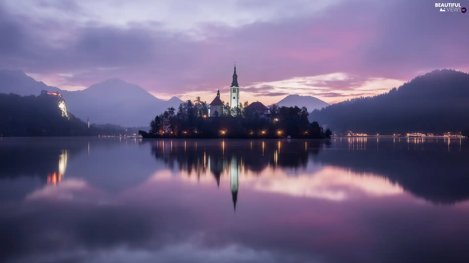 Blejski Otok Island, Church, clouds, Mountains, Great Sunsets, Lake Bled, Slovenia, Julian Alps