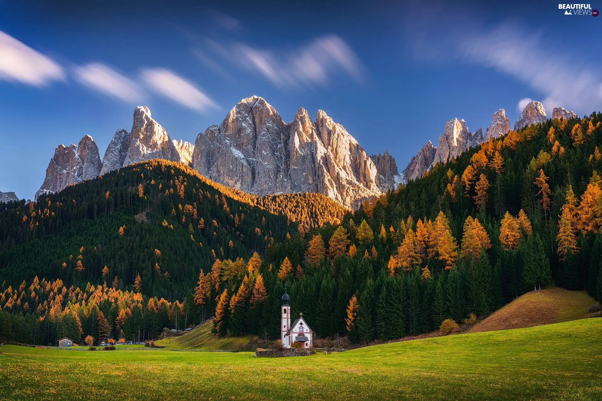 Massif Odle, forest, Dolomites, Val di Funes Valley, Church of St. John, Mountains, Italy