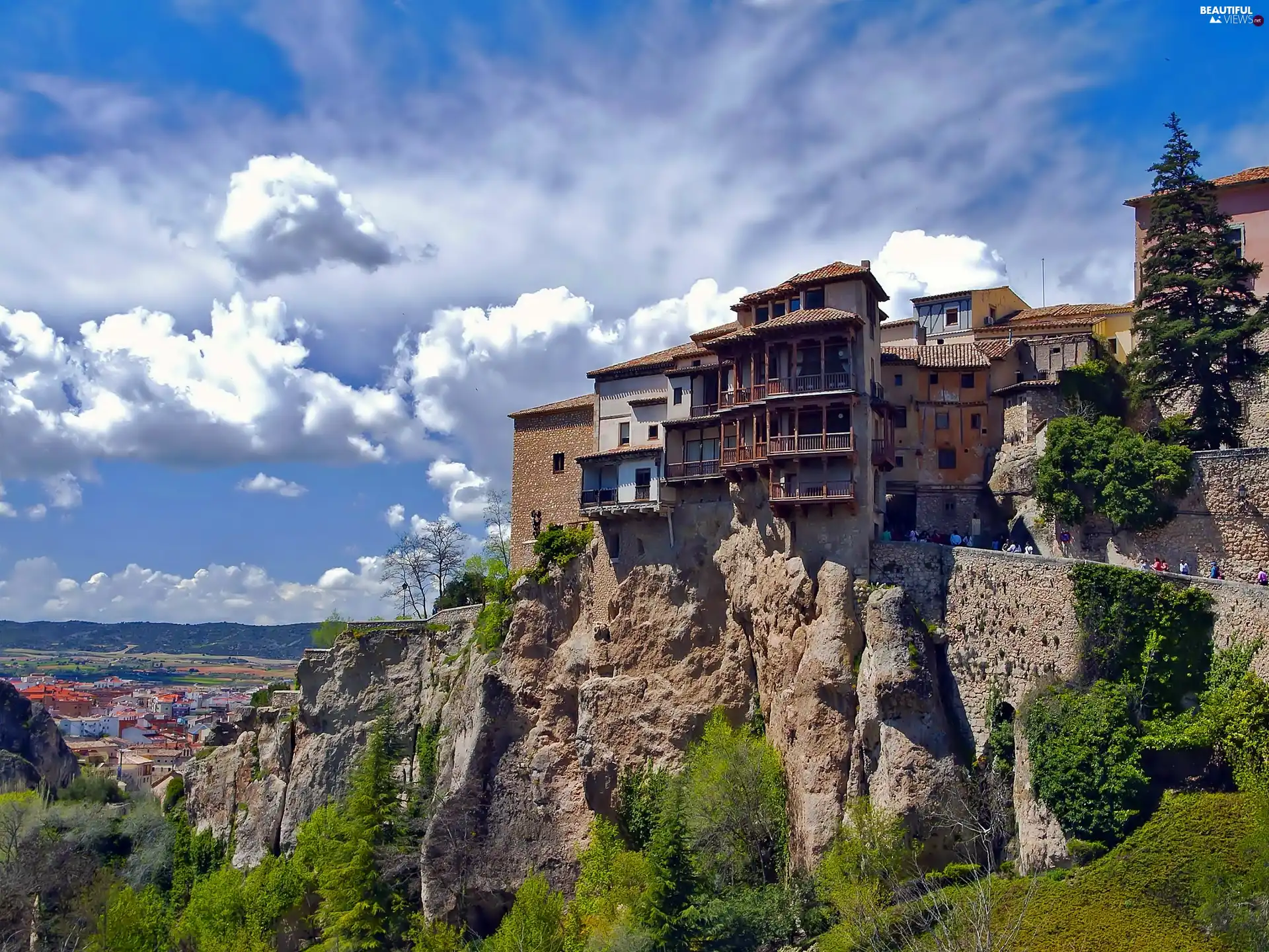clouds, Cuenca, rocks, VEGETATION, Houses