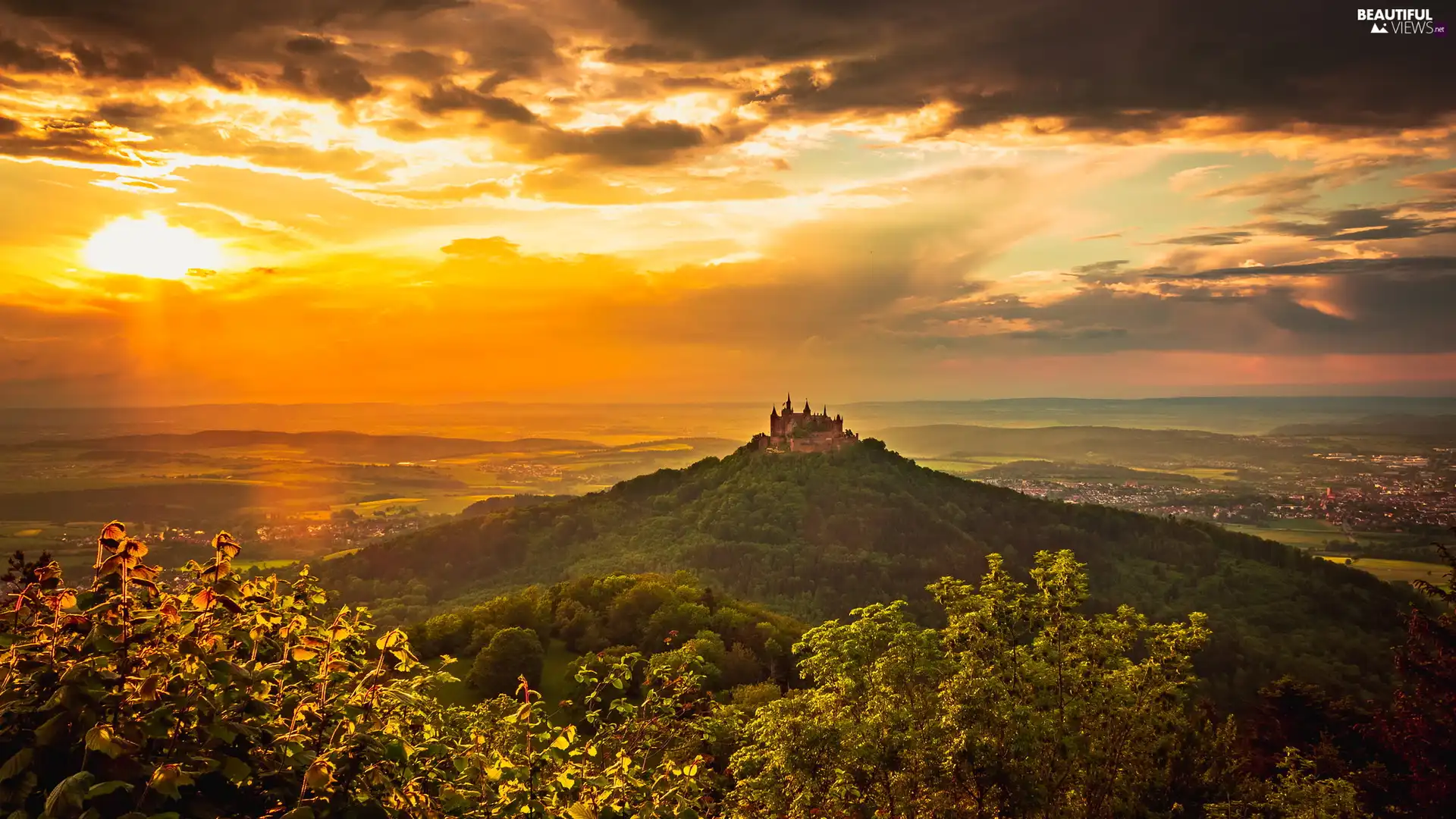 viewes, Hohenzollern Mountain, viewes, trees, The Hills, Germany, Baden-Württemberg, trees, Hohenzollern Castle, Great Sunsets, clouds