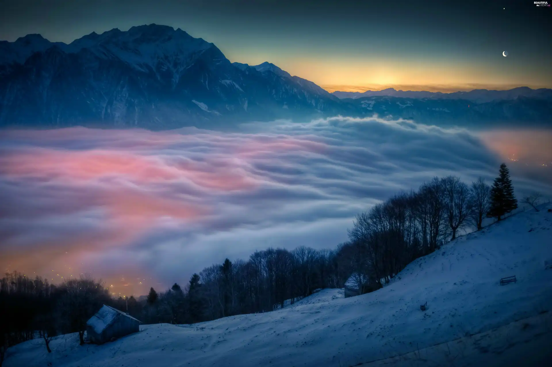 Switzerland, Mountains, clouds, Hill-side