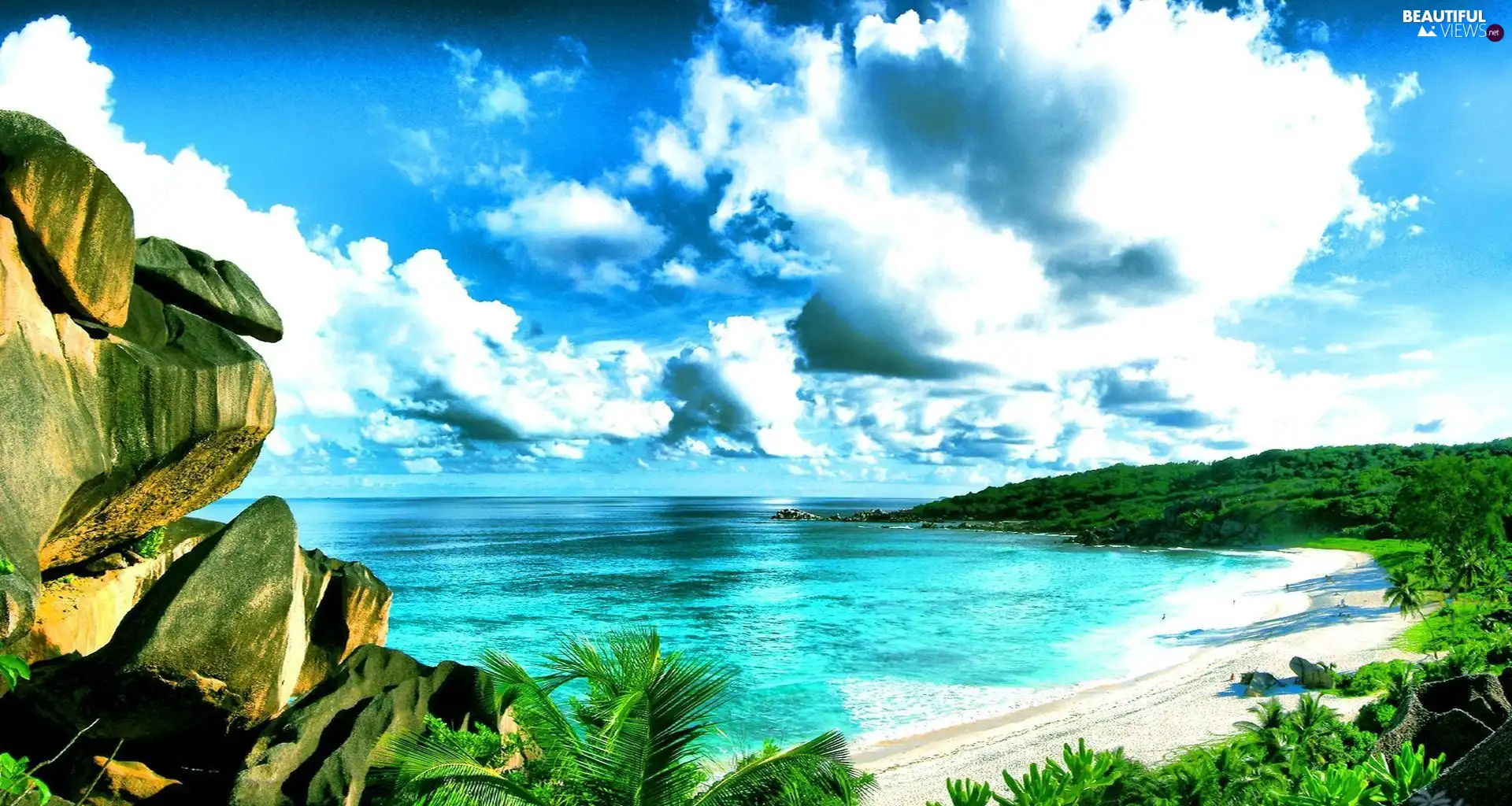 VEGETATION, sea, clouds, Seychelles, Stones, Beaches