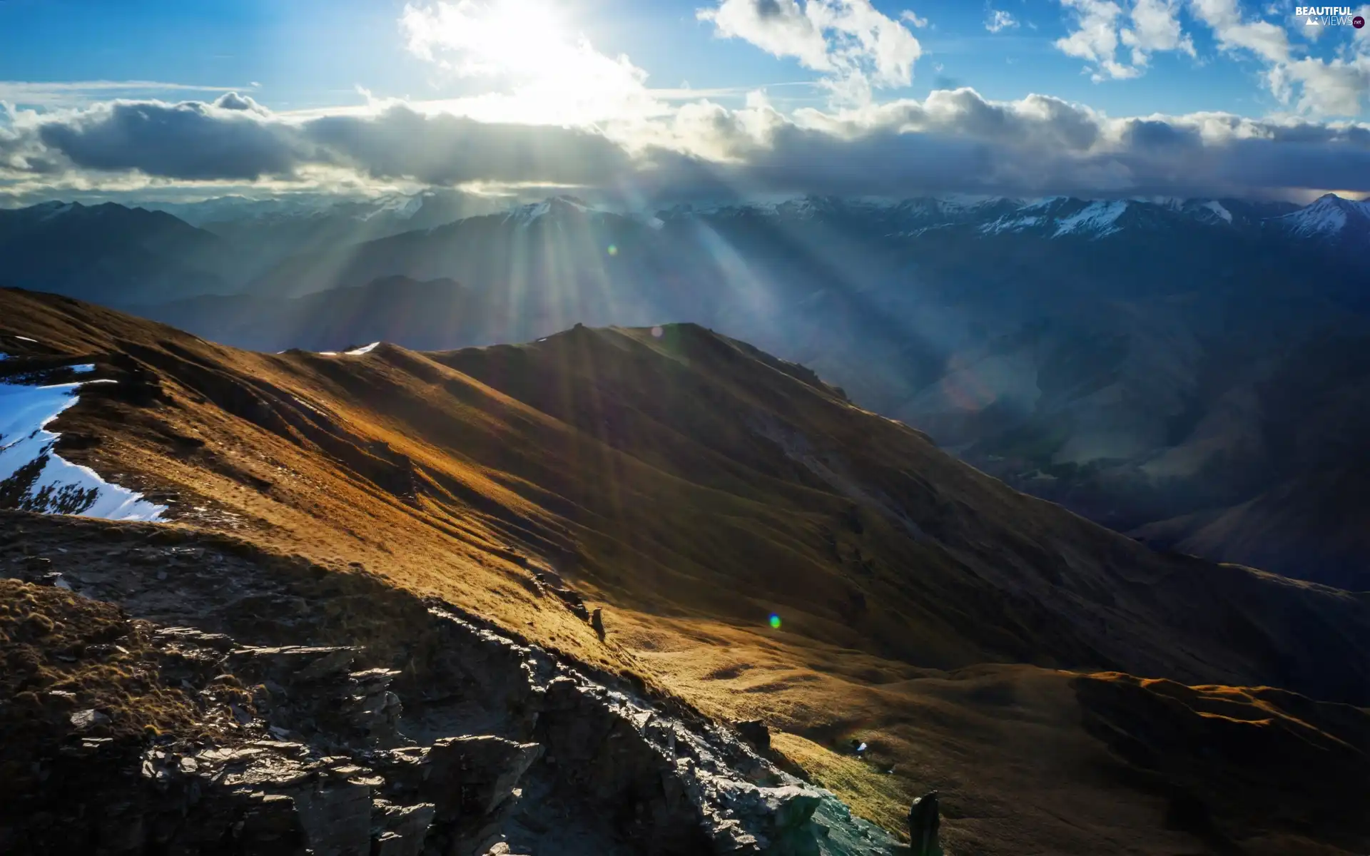 rays of the Sun, Mountains, clouds