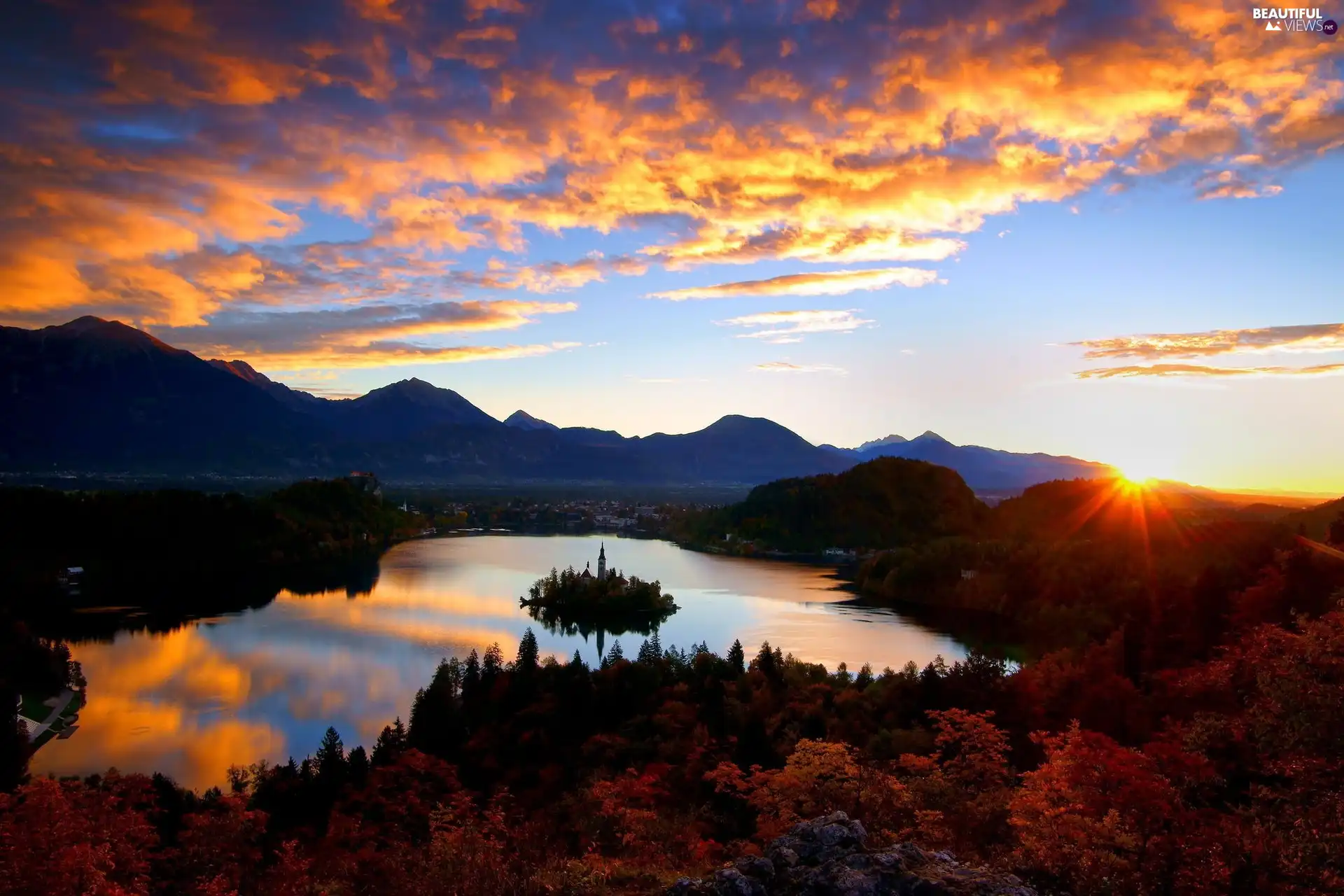 clouds, Great Sunsets, forest, Mountains, lake